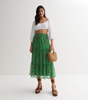 New Look Green Floral Tiered Midi Skirt